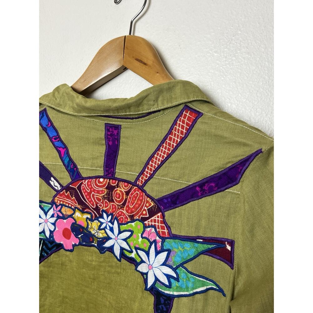 Wing’s Hawaii Handmade Floral Sunshine Linen Embroidered Appliqué Shirt Women’s - Picture 4 of 6